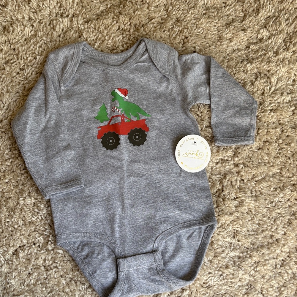 NWT Sweet Wink Gray Long Sleeve Baby Onesie with Santa Dinosaur and Truck Design